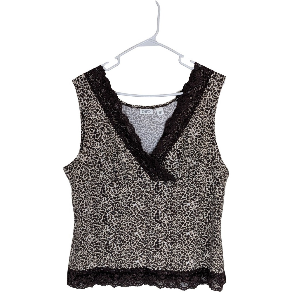 Cato Tank‎ Top Women XL Brown Cheetah Print Lace Trim V-Neck Sleeveless Stretch
